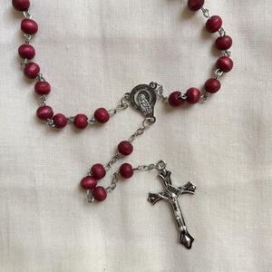 Red Beaded Rosary with Silver Cross